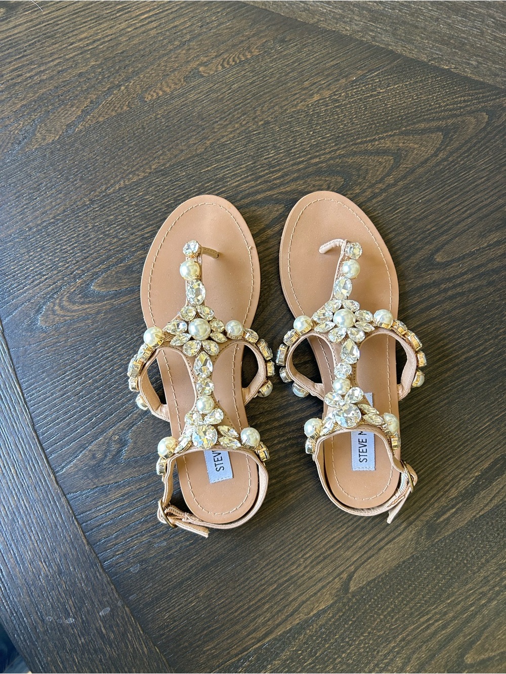 Steve Madden Tan Sandals with Chunky Rhinestone Crystal Pearl Embellishments